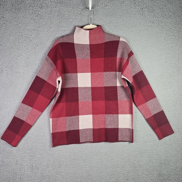 Tahari Buffalo Plaid Mock Neck Sweater Red Cream Large Cozy Fall Trending - Picture 2 of 13